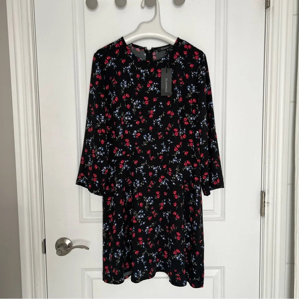 Dynamite Black Floral Mini Dress with Red & Blue Flowers